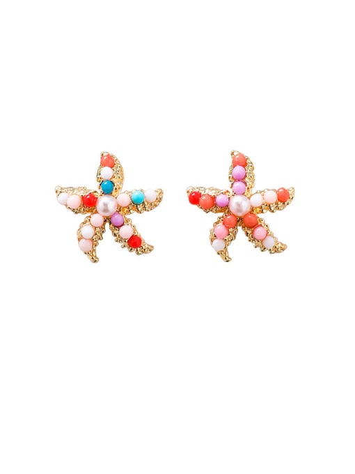 B red color (small) Alloy With  Artificial Pearl  Bohemia Colorful Sea Star Round Stud Earrings