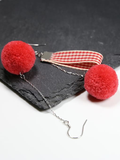 Peng Yuan Personalized Red Fluffy Balls Asymmetrical 925 silver Drop Earrings 2
