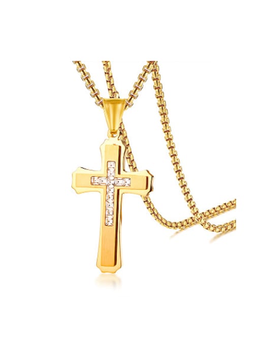 CONG Retro Gold Plated Cross Shaped Rhinestone Titanium Necklace