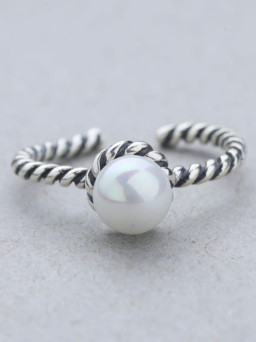 One Silver S925 Silver Ring female fashion silver shell pearl silver ring simple twisted rope 2