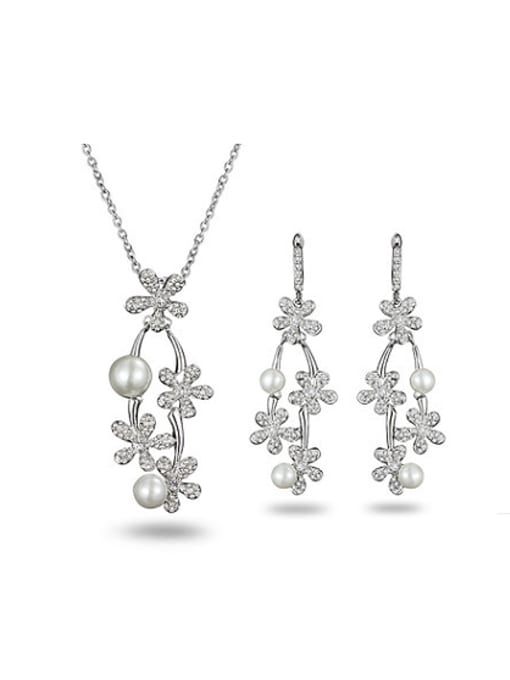 platinum Korean Style Flower Shaped Artificial Pearl Two Pieces Jewelry Ser