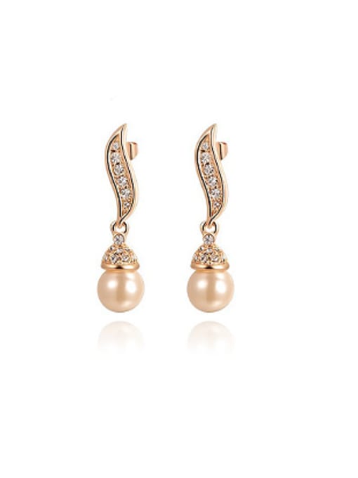 Rose Gold Women Austria Crystal Artificial Pearl Drop Earrings