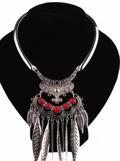 Red Retro style Leaves Tassels Little Stones Alloy Necklace