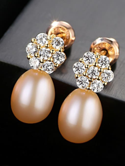 Pink 18K-gold Sterling Silver micro-plated zircon Natural Pearl Flower Earrings