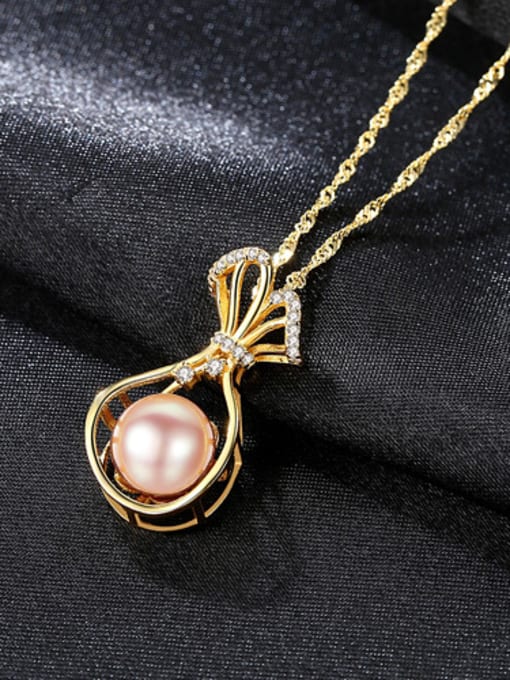 Pink 18K-gold Pure silver water wave chain freshwater pearl gift bag Necklace