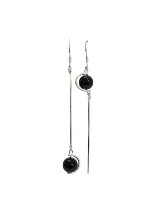 DAKA Fashion Black Carnelian Ball Asymmetrical Silver Drop Earrings 0