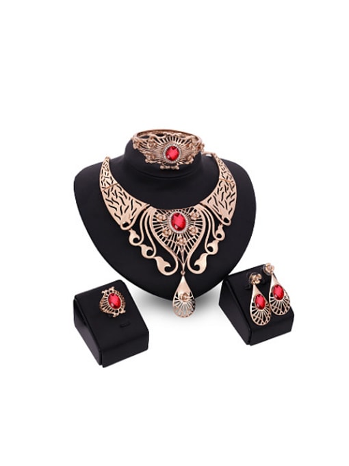 red Alloy Imitation-gold Plated High-end Ethnic style Artificial Gemstone Four Pieces Jewelry Set