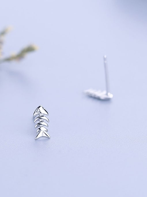 One Silver Tiny Personalized Fish Bone 925 Silver Stud Earrings 0