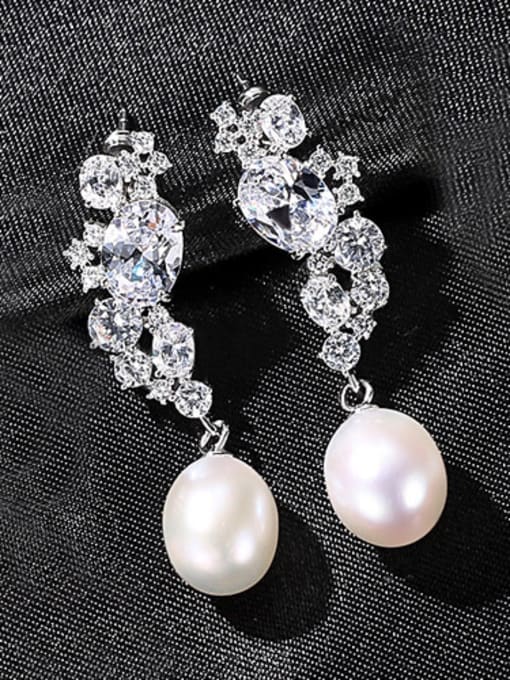 white-04G07 925 Sterling Silver With Artificial Pearl Personality Flower Drop Earrings