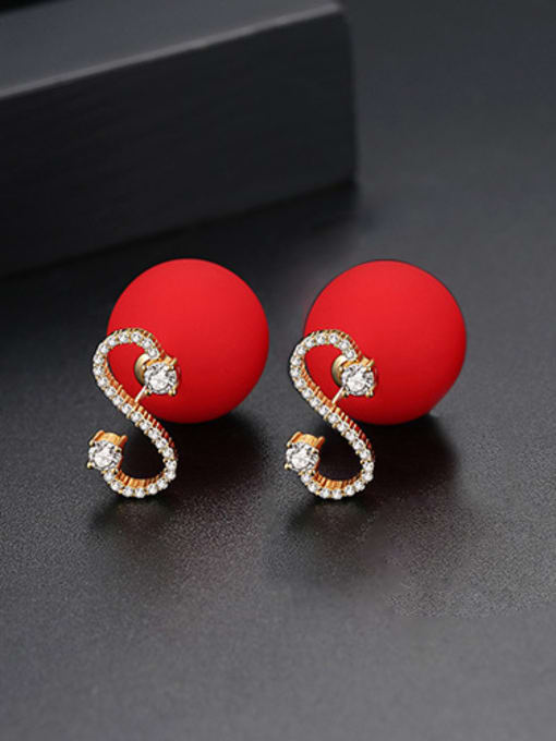Red-T02D21 Copper With 18k Gold Plated Trendy Ball Stud Earrings