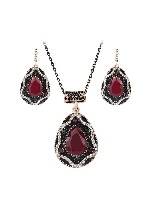 Red Retro style Water Drop shaped Resin stones Alloy Two Pieces Jewelry Set