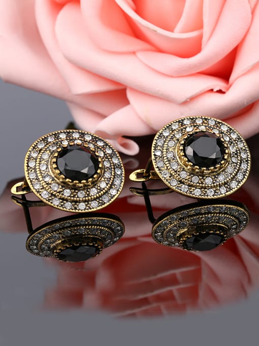 Gujin Retro style Round Black Resin stone Cubic Crystals Earrings 2