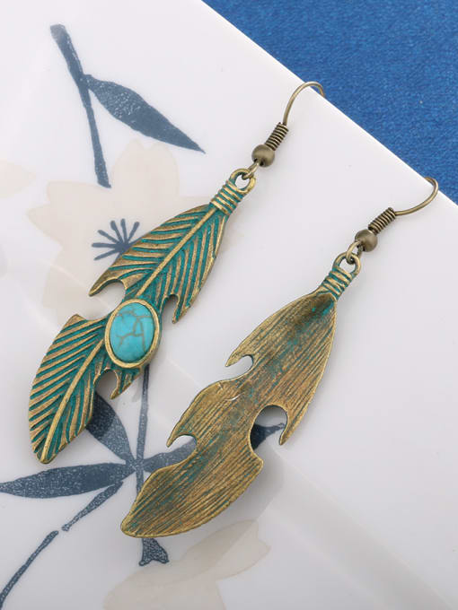 Gujin Personalized Antique Bronze Plated Turquoise stone Leaf Alloy Drop Earrings 2