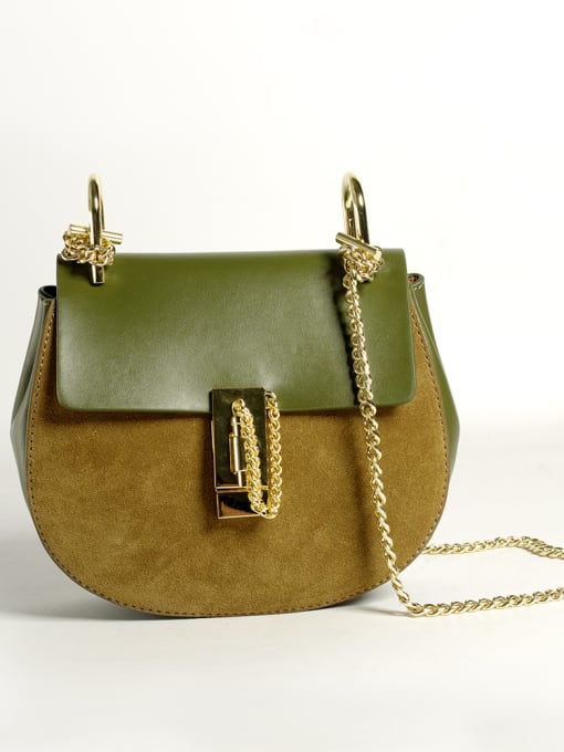 Green Mini contrast color leather scrub sanding chain saddle bag