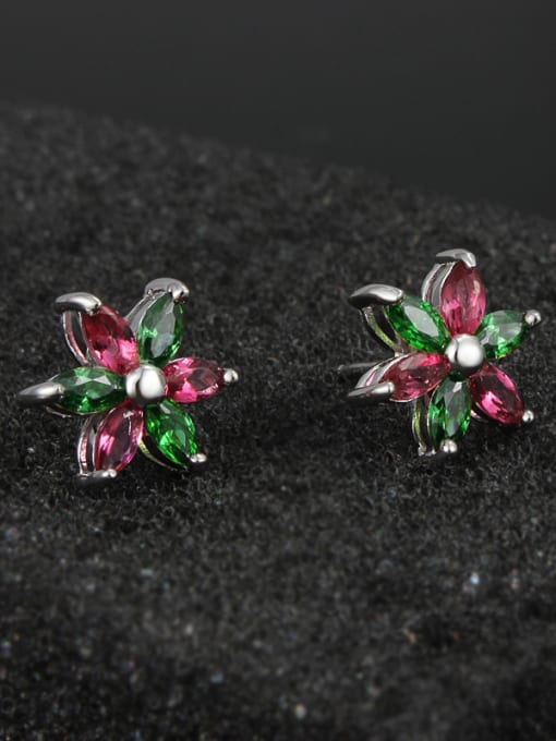 SANTIAGO Little Double Color Flower Marquise Zirconias 925 Sterling Silver Stud Earrings 1