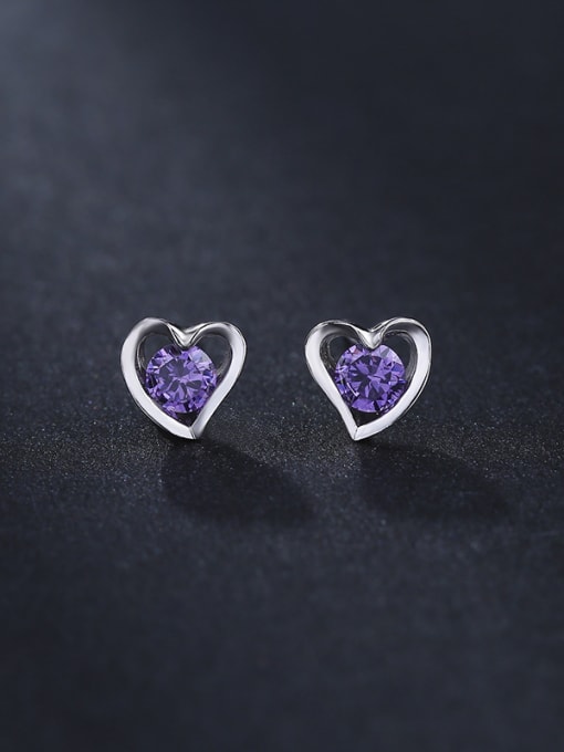 One Silver Simple Tiny Hollow Heart Purple Zircon 925 Silver Stud Earrings 0