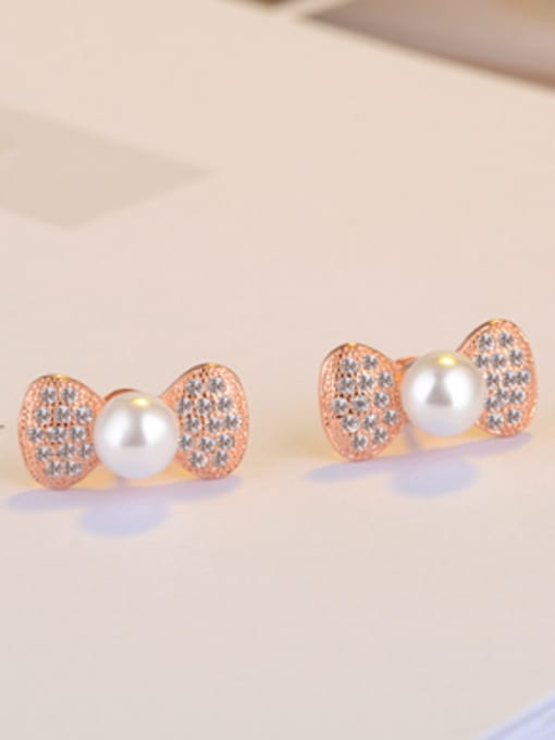 Rose Gold Personalized Imitation Pearl Cubic Zirconias Bowknot Stud Earrings