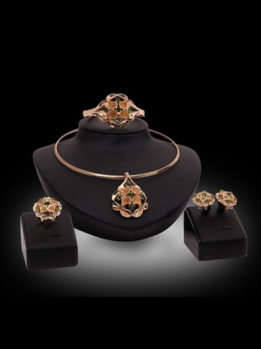 Green Alloy Imitation-gold Plated Fashion Rhinestones Flower shaped Four Pieces Jewelry Set