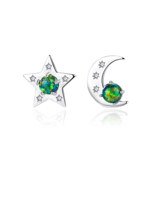 CCUI 925 Sterling Silver With  Opal Cute Star  Moon Asymmetry  Stud Earrings 0