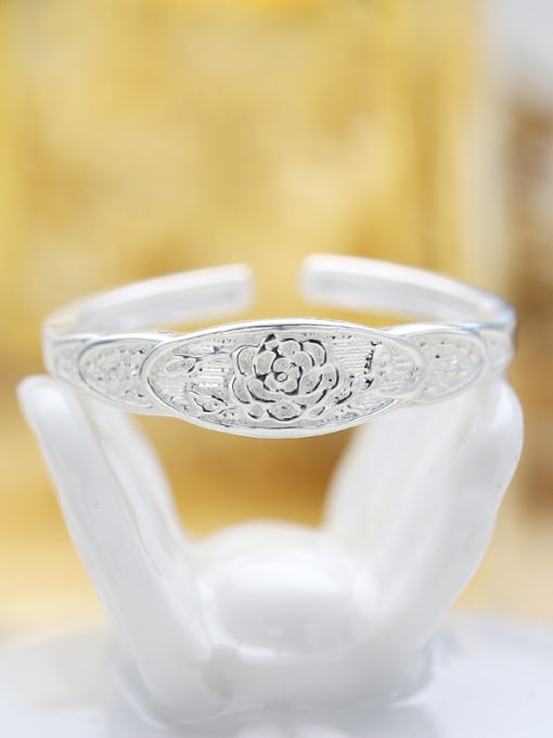 kwan Flower Pattern Printing Silver Opening Ring 2