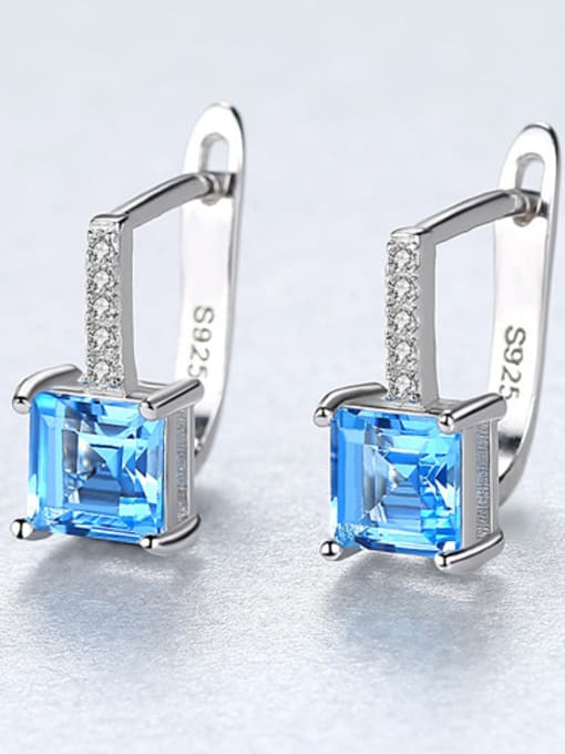 Blue Sterling silver micro-inlaid zircon blue square synthetic topaz earring