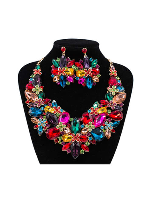 multicolor 2018 Exaggerated Flower Glass Rhinestones Two Pieces Jewelry Set
