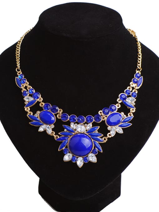 royal blue Exaggerated Resin sticking White Rhinestones Gold Plated Necklace
