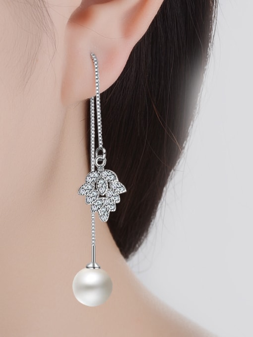 AI Fei Er Fashion Imitation Pearl Zirconias Leaf Line Earrings 1