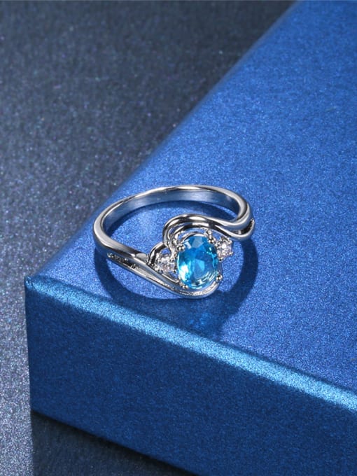 Platinum Exquisite Blue Glass Bead Women Ring