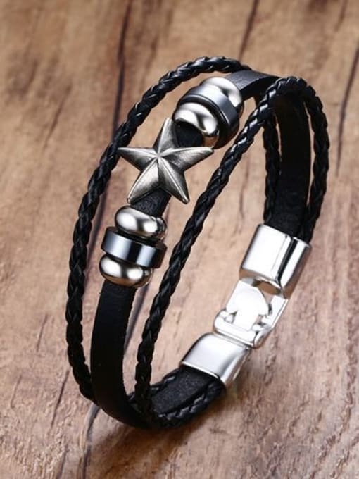 black Retro Multi Layer Star Shaped Artificial Leather Bracelet