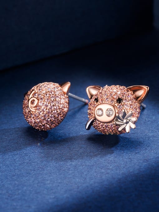 Pink pig Copper With Rhinestone Cute pig  Stud Earrings
