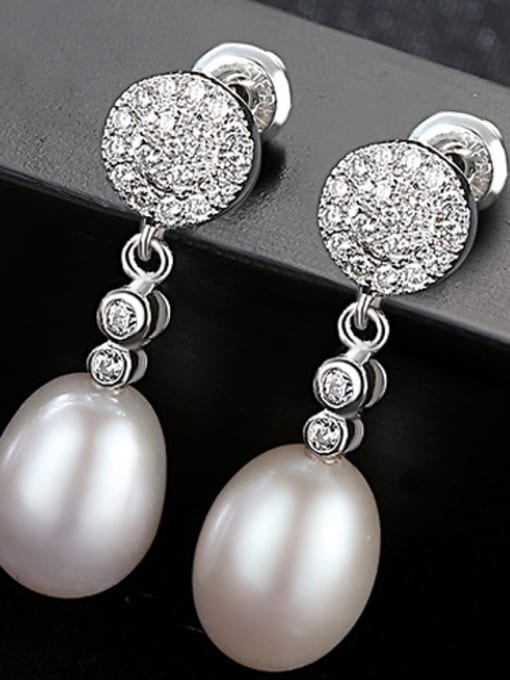 White Sterling silver micro-set 3A zircon 8-9mm natural pearl earrings