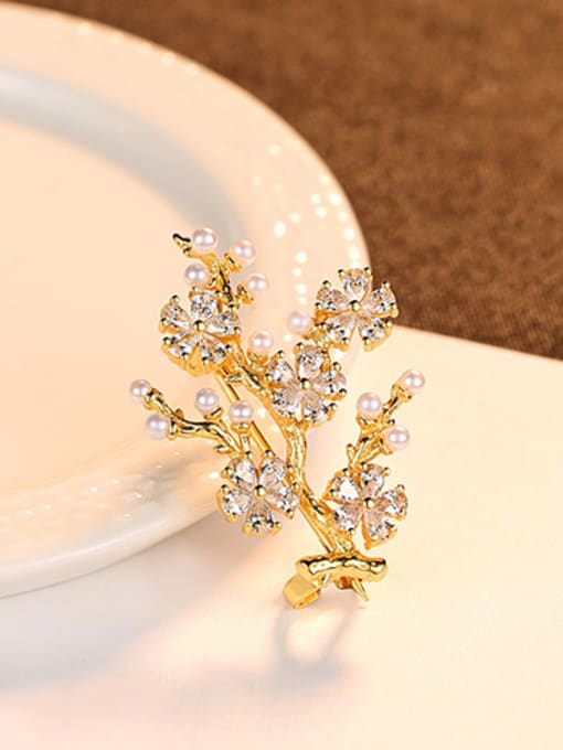 gold 925 Sterling Silver With Artificial Pearl  Cubic Zirconia Trendy Small tree Brooches