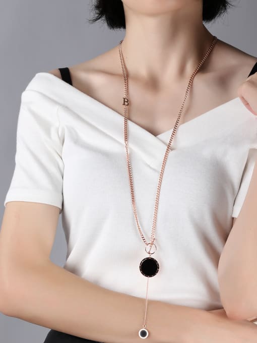 Open Sky Fashion Black Round Rose Gold Plated Titanium Sweater Chain 1