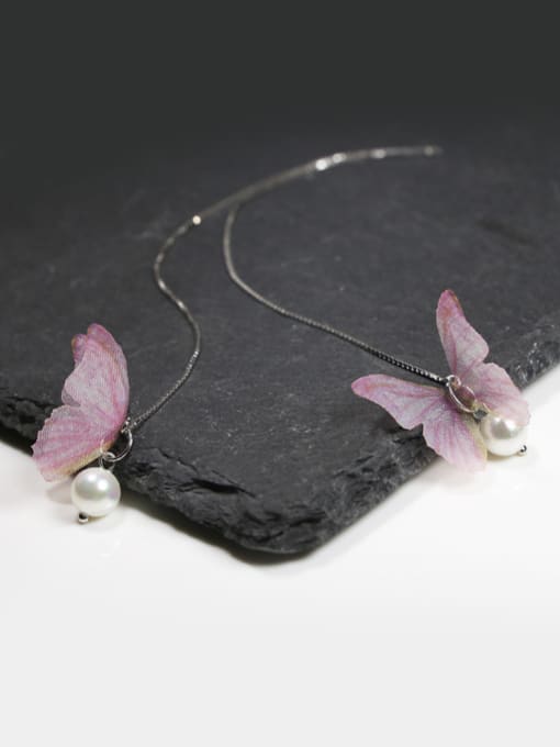 Purple Elegant White Artificial Pearl Butterfly 925 Silver Line Earrings