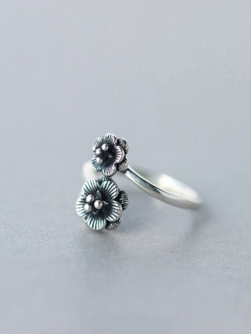 Rosh S925 Silver  retro double flowers opening Cocktail Ring