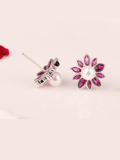 Qing Xing Sterling Silver Red Corundum Pearl Hypoallergenic stud Earring 1