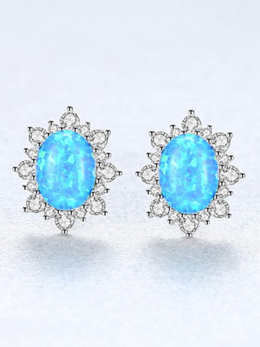 Blue 925 Sterling Silver With Opal Luxury Oval Stud Earrings