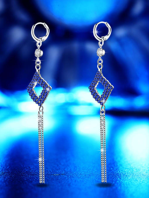 Blue Drilled Fringed Earrings New Designed White Gold Plated Tassel Exaggerate Drop Earrings
