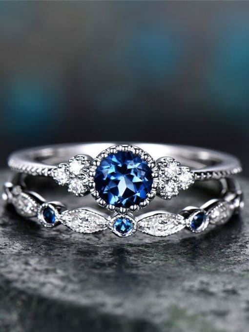 blue Copper With White Gold Plated Delicate Round Cubic Zirconia Stacking Rings