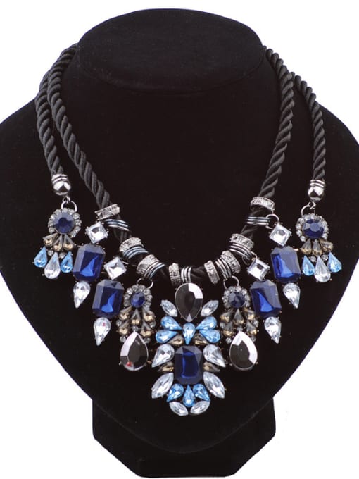 blue Exaggerated Double Layers Stones-sticking Woven Rope Necklace