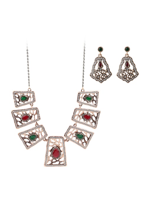 Gujin Personalized Vintage style Resin stones Hollow Geometrical Alloy Two Pieces Jewelry Set 2