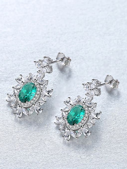 green 925 Sterling Silver With  Cubic Zirconia Luxury Flower Cluster Earrings