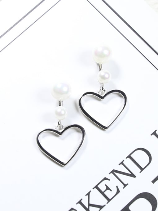 Peng Yuan Fashion Hollow Heart-shaped White Imitation Pearls 925 Silver Stud Earrings 0
