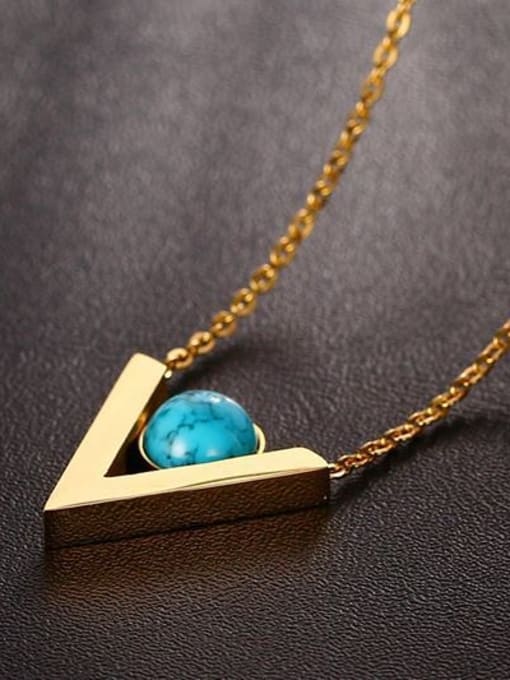 Golden Fashion Letter V Shaped Turquoise Stone Titanium Necklace