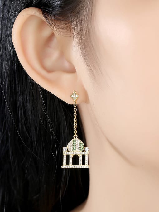 BLING SU Copper With Gold Plated Delicate Castle Pendant Asymmetry Drop Earrings 3
