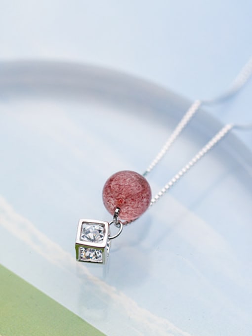 Rosh Temperament Square Shaped Pink Crystal S925 Silver Necklace 1