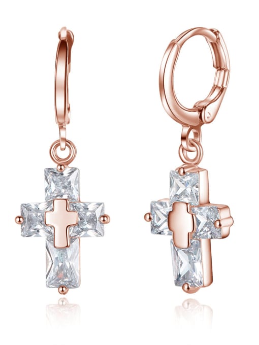 Rose Gold Fashion Square Zirconias Cross Copper Earrings