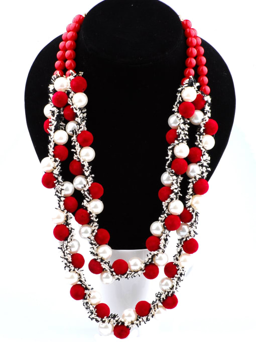 Red Ethnic style Exaggerated Double Layers Pompon Imitation Pearls Necklace