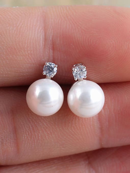 White 8mm Shell Pearls, Copper And Zircon stud Earring